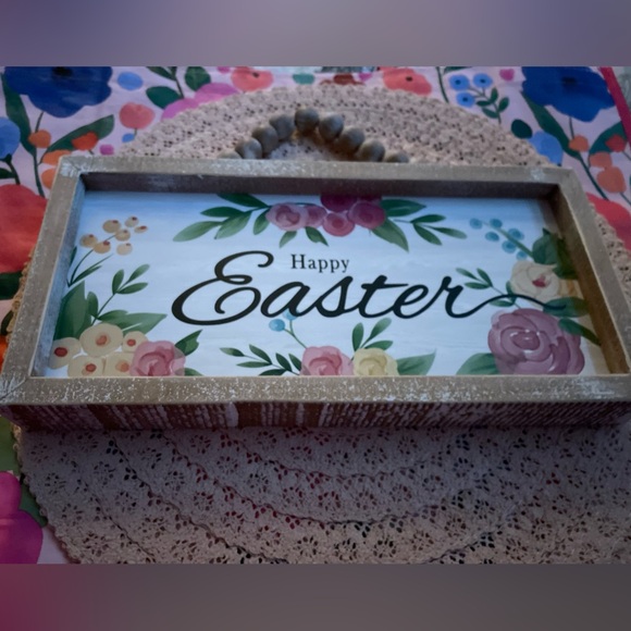 Rose and Yellow Happy Easter sign with distressed wood and wooden bead hanger - Picture 2 of 5